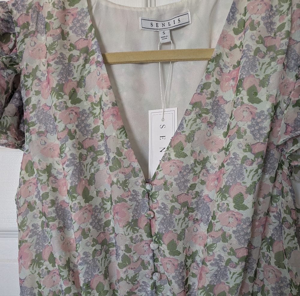 Senlis Elaine Ruffle Floral Midi Dress S NWT $238 - Picture 2 of 6